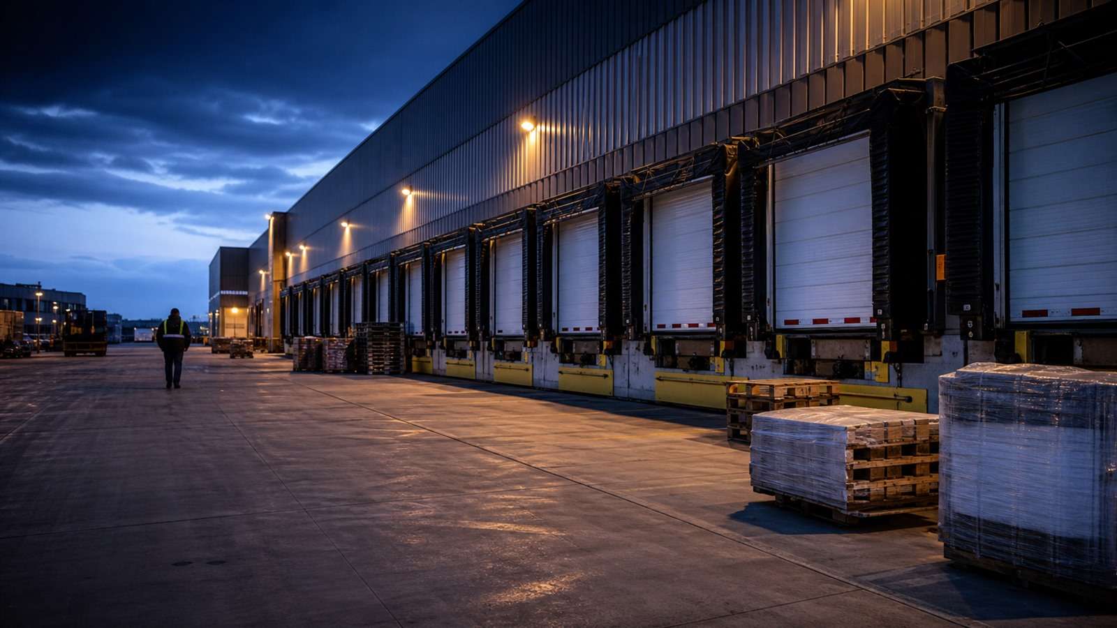 Industrial loading dock at dusk representing national wealth management for manufacturing executives